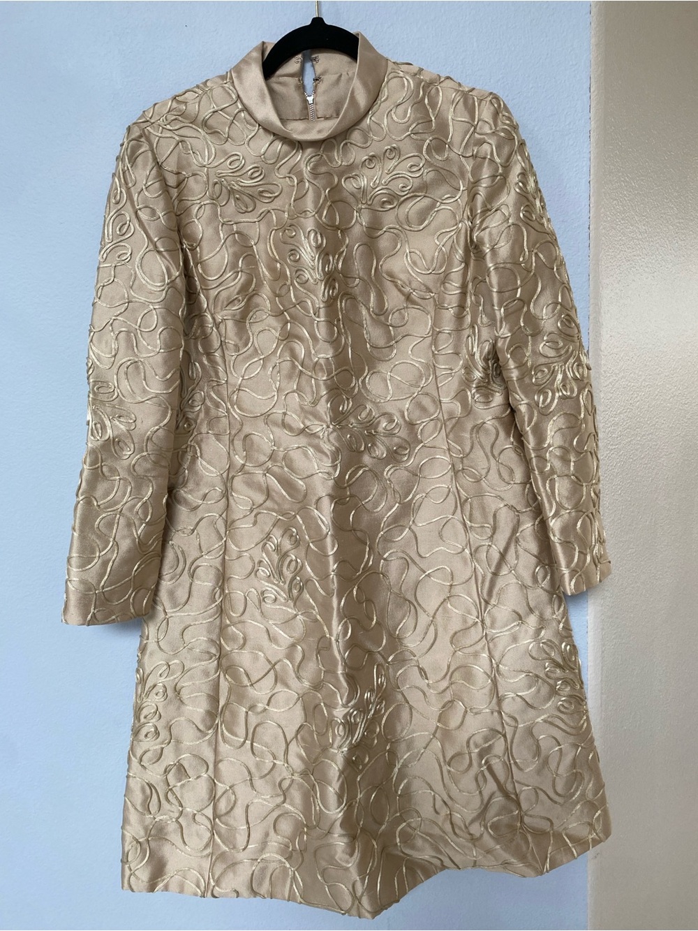 Vintage “Mad Men” Era Gold Embroidered Midi Dress with Mock Neck